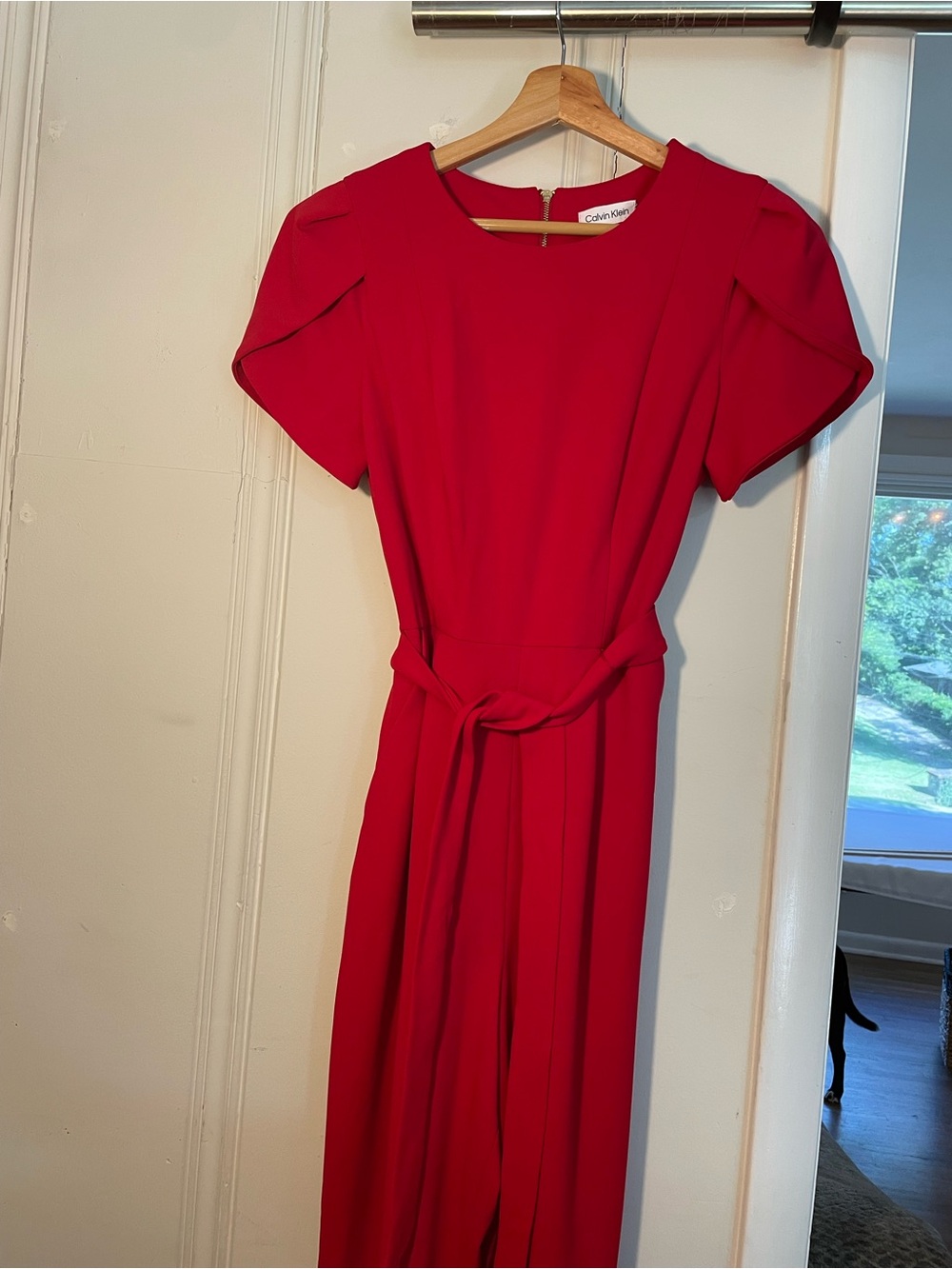 🔥 Calvin Klein Red Flutter Sleeve Belted Jumpsuit Size 10